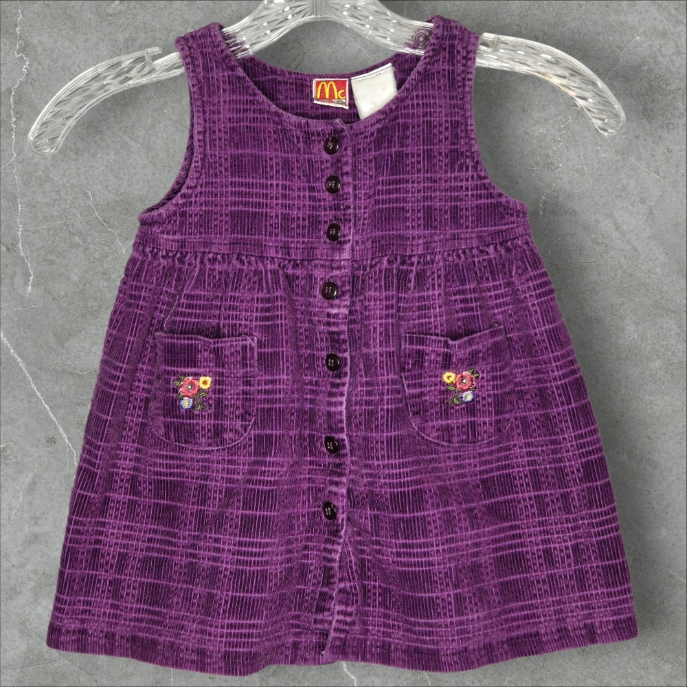 90s McKids Baby Dress 18 - 24 mo Purple Floral Embroidered Corduroy Cottagecore